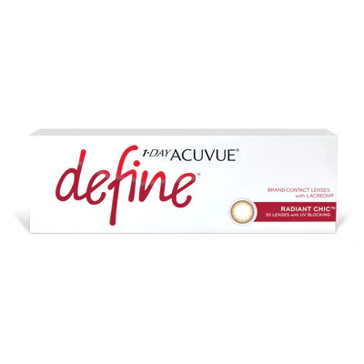 1-Day Acuvue Define Radiant Chic contact lenses packaging on a white background